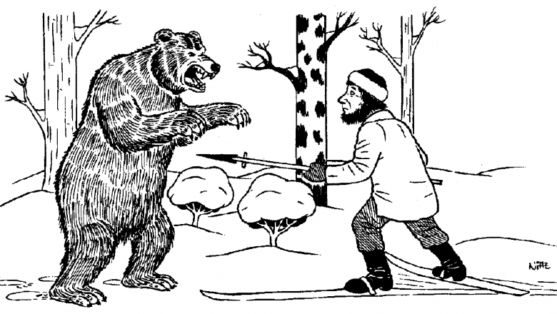 An old drawing of bear hunting in winter. The hunter is on his skis pointing the bear with a spear. The bear is standing on two feet in front of the hunter.